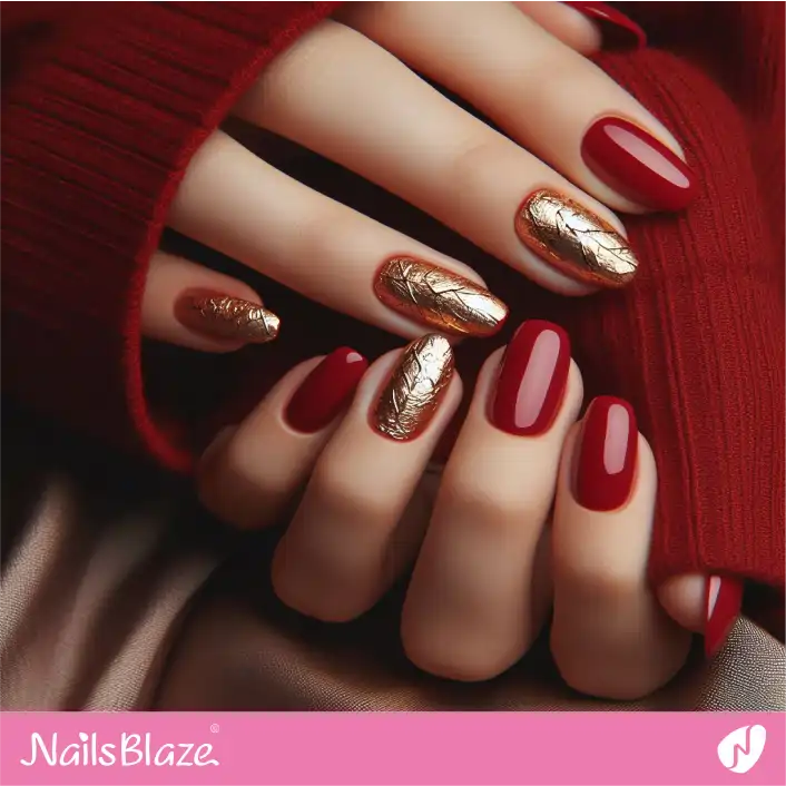 Gold Foil Design Short Red Nails | Foil Nails - NB4112